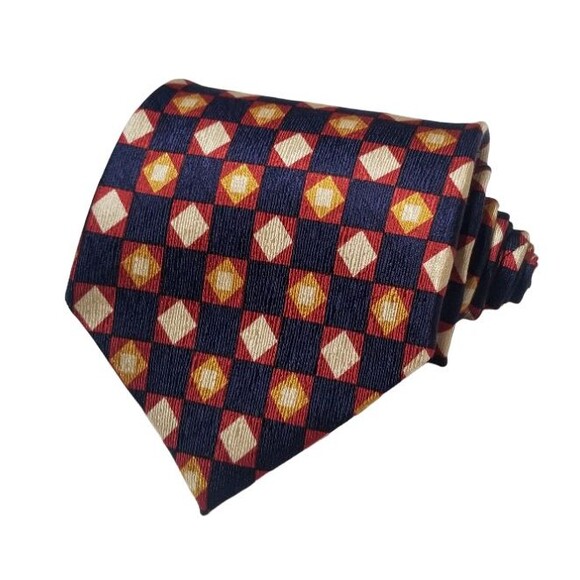 Valentino 100% Silk Mens Tie Necktie Blue Gold Red Geometric Squares Diamonds - Picture 1 of 6
